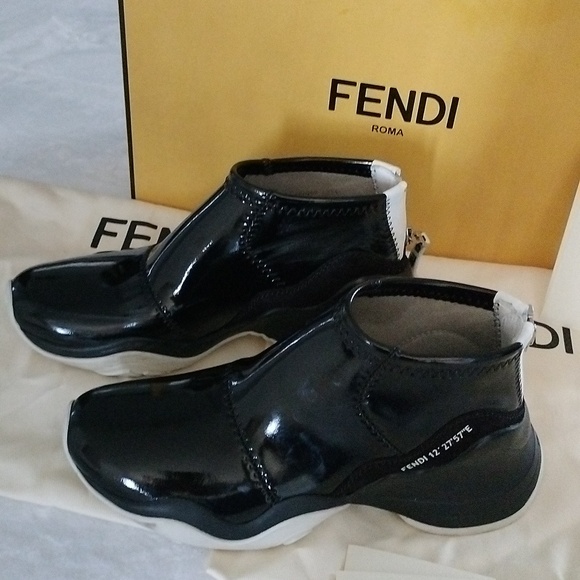 Fendi Black Glossed Neoprene Zip Sneakers Size 5.5/36 - Picture 6 of 16